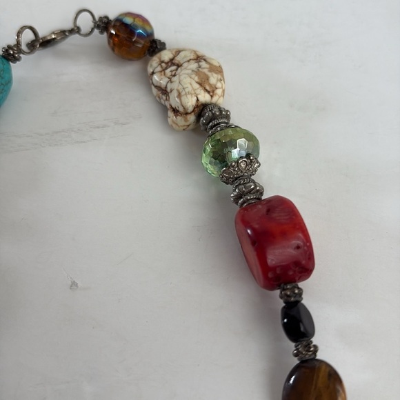 Mixed stone beaded lobster clip necklace turquoise tigers eye coral clear - Picture 7 of 15